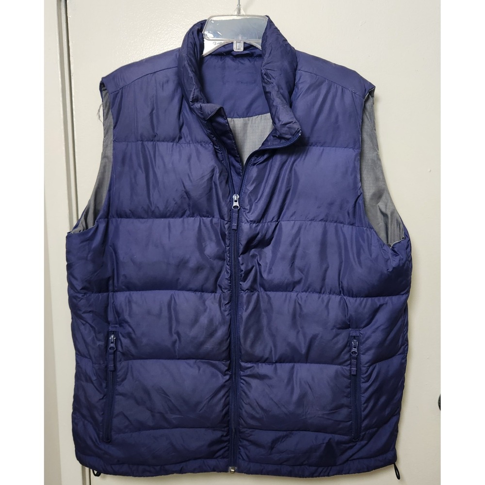 Lands End‎ Men's Down Feather Puffer Vest Blue Gray Zip Pockets Adjustable L XL